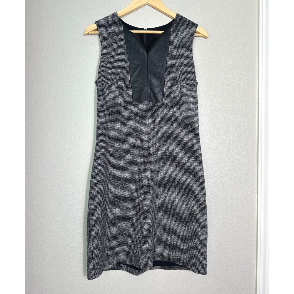 Theory Retha Nanami Wool Blend Dress Size 8 Houndstooth Genuine Leather Trim